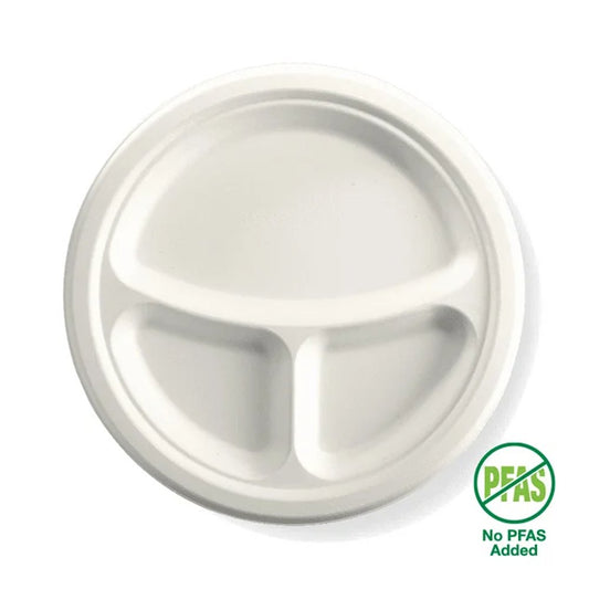 10"/250mm 3 Compartment Round Plant Fibre Plate - 500pcs/Ctn - TEM IMPORTS™