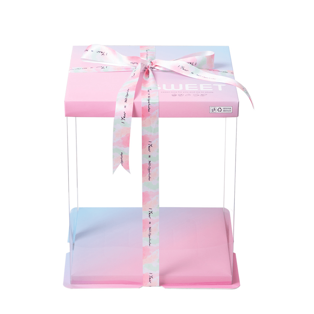 22x22x30 Clear Square Cake Box Gradient Pink With Paper Lid - TEM IMPORTS™
