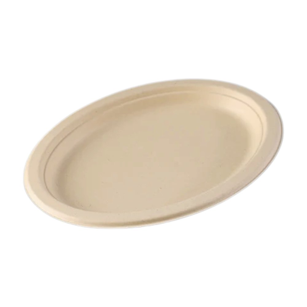 A single beige oval-shaped sugarcane plate on a plain background.