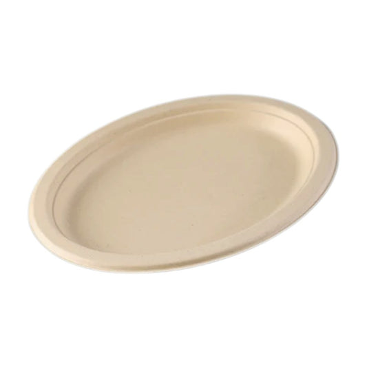 A single beige oval-shaped sugarcane plate on a plain background.