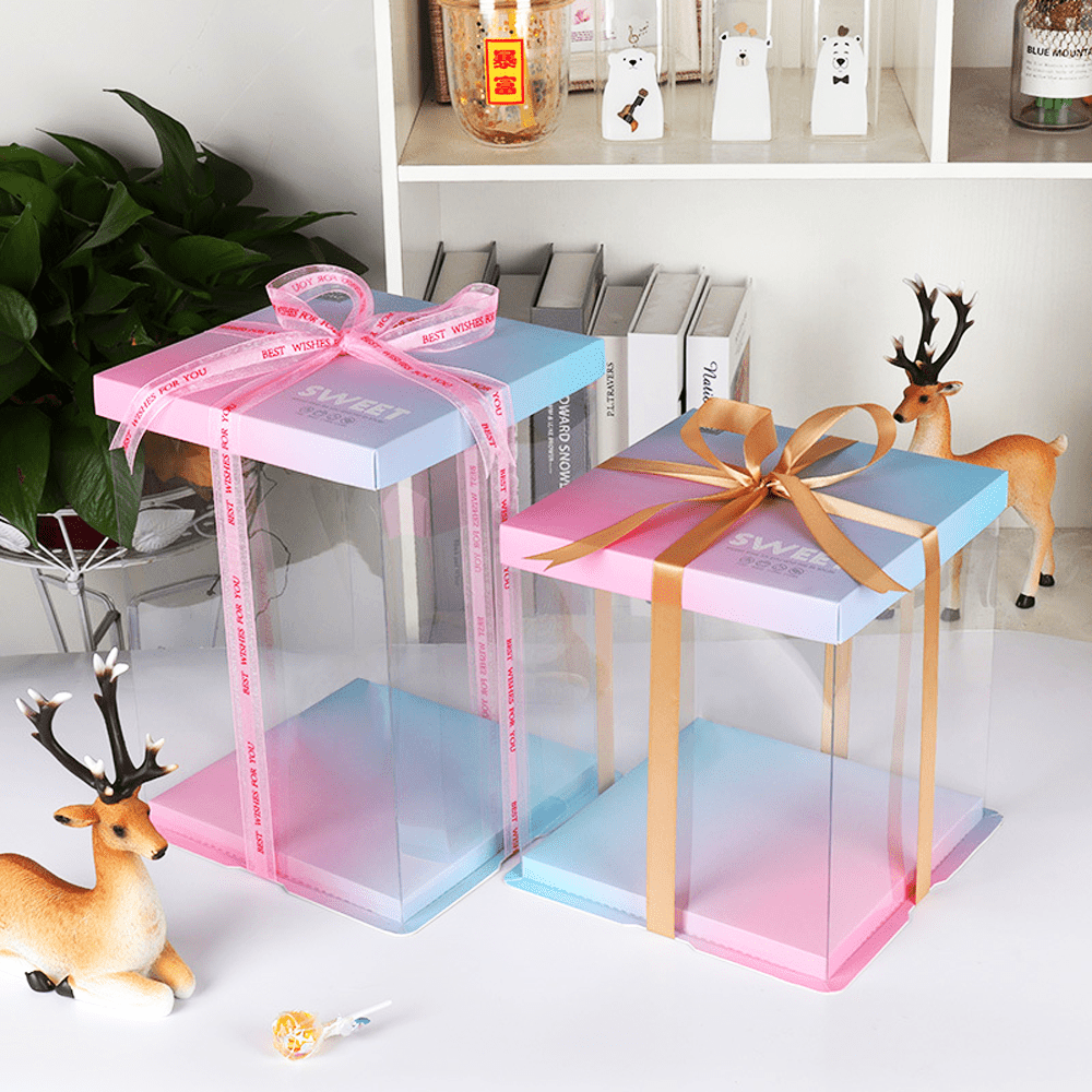 26x26x24 Clear Square Cake Box Gradient Pink With Paper Lid - TEM IMPORTS™