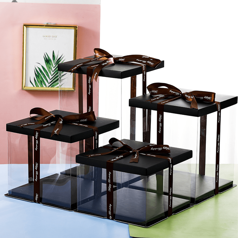 26x26x32 Clear Square Cake Box Black With Paper Lid - TEM IMPORTS™
