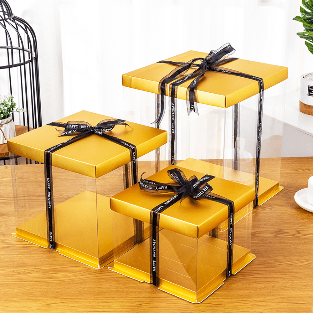 26x26x32 Clear Square Cake Box Gold With Paper Lid - TEM IMPORTS™