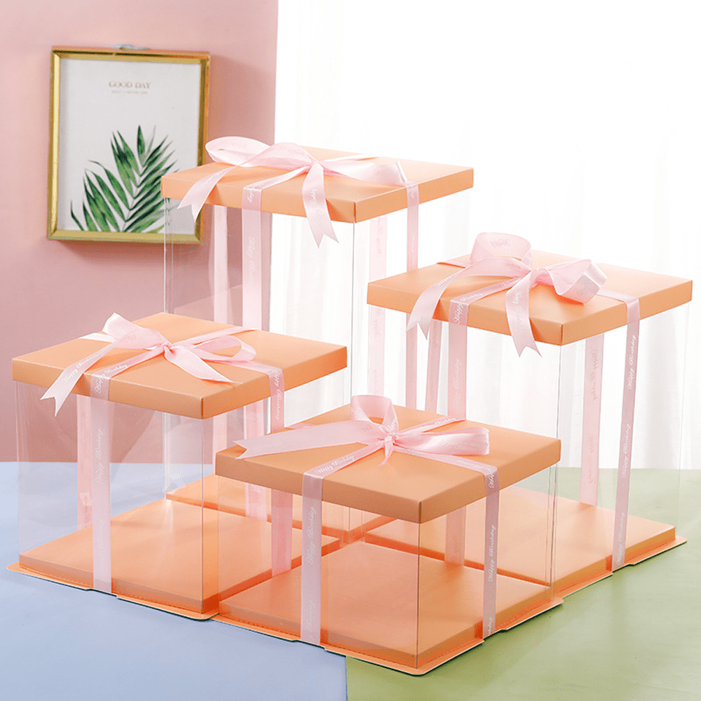 26x26x32 Clear Square Cake Box Peach With Paper Lid - TEM IMPORTS™