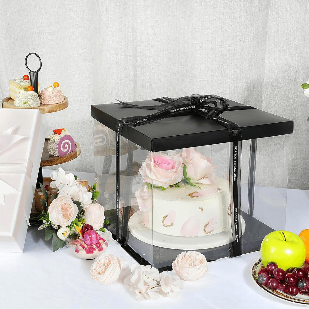 30x30x25 Clear Square Cake Box Black With Paper Lid - TEM IMPORTS™