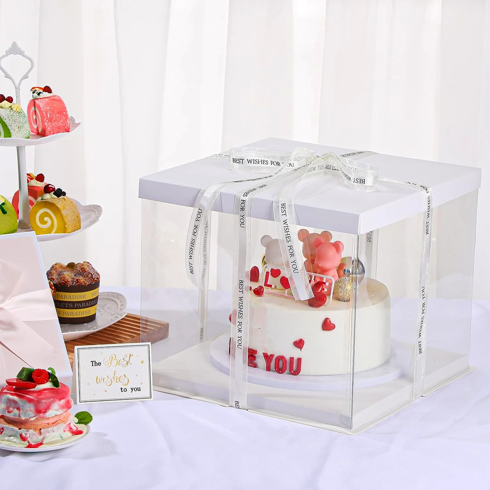30x30x25 Clear Square Cake Box White With Paper Lid