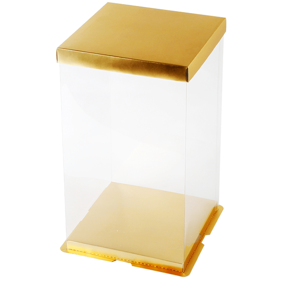 30x30x45 Clear Square Cake Box Gold With Paper Lid - TEM IMPORTS™