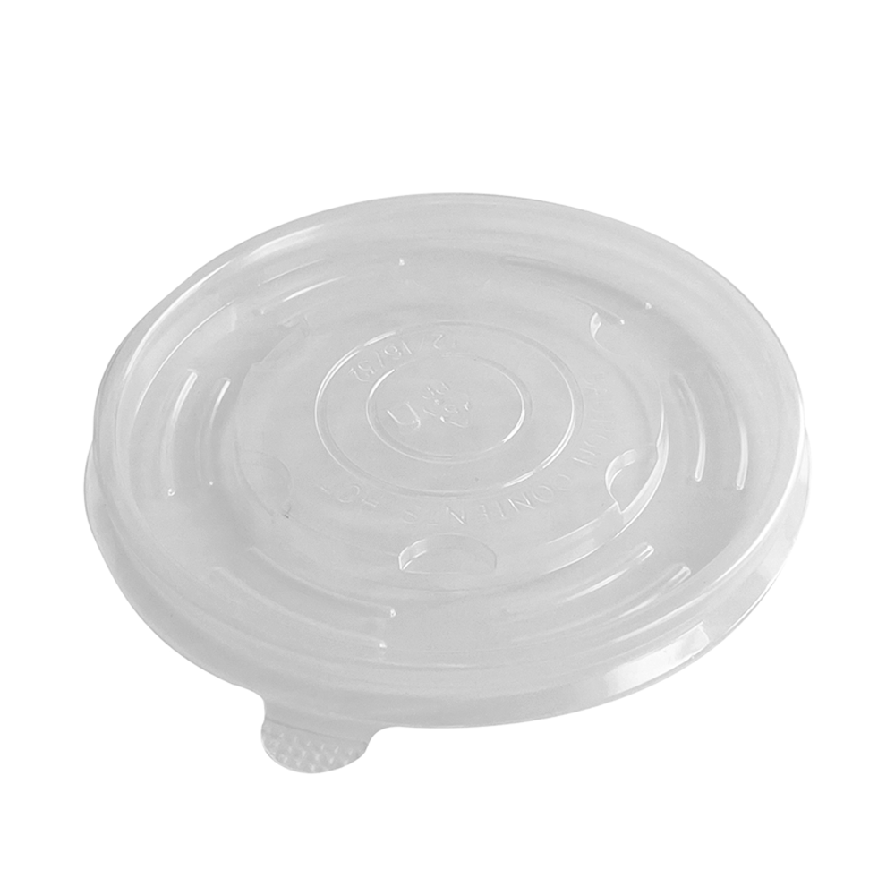 A clear plastic disposable lid for a PLA coated soup bowl.