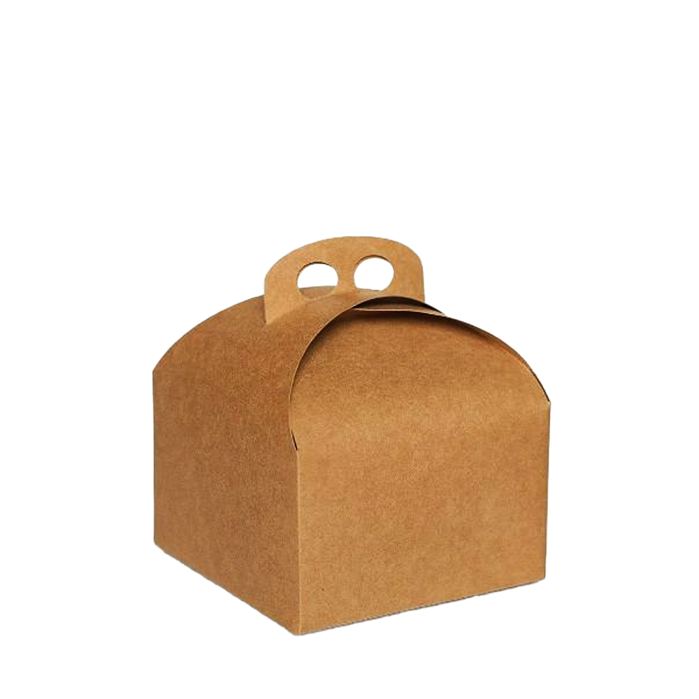 A closed large kraft brown cake box with a handle.
