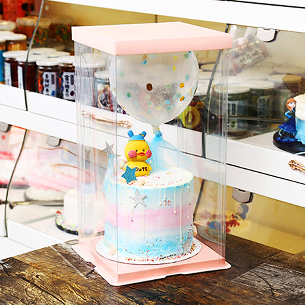 30x30x45 Clear Square Cake Box Peach With Paper Lid