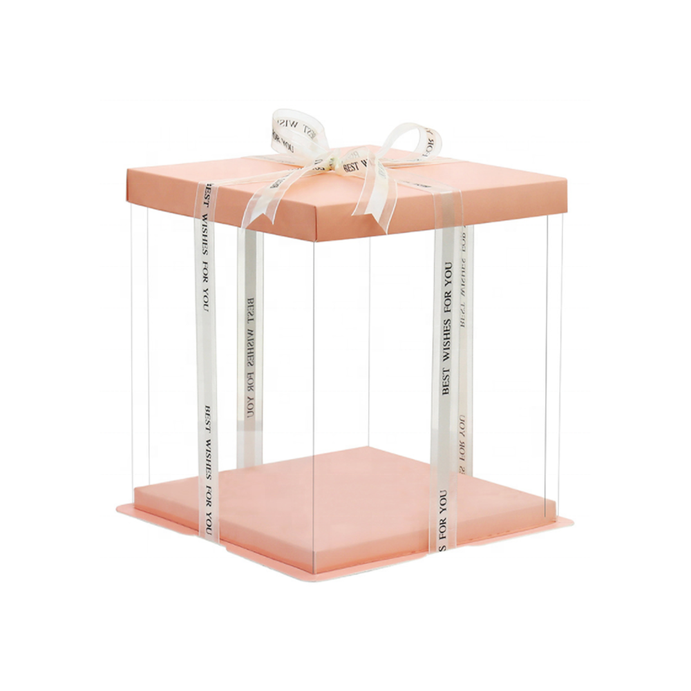 26x26x24 Clear Square Cake Box Peach With Paper Lid