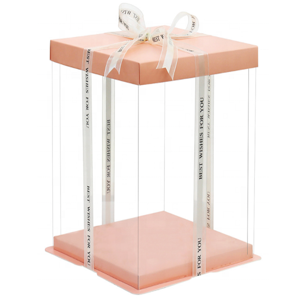 26x26x32 Clear Square Cake Box Peach With Paper Lid