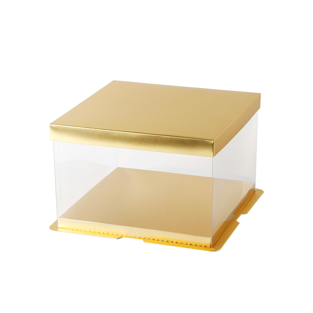 30x30x25 Clear Square Cake Box Gold With Paper Lid