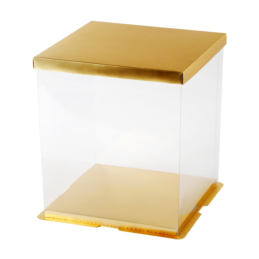 30x30x34 Clear Square Cake Box Gold With Paper Lid