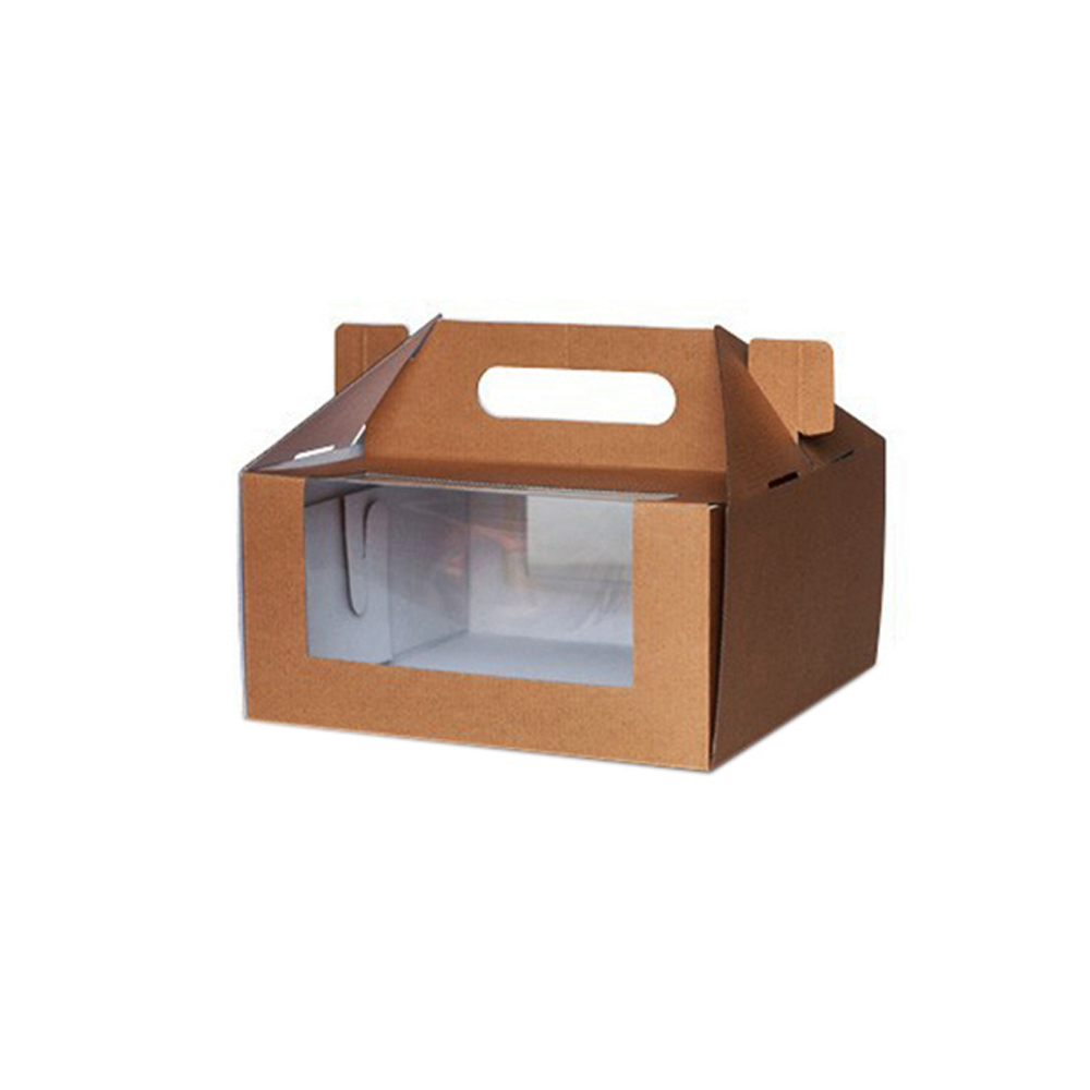 A corrugated cardboard cake box with a clear front window, designed for food delivery and packaging, with a brown color and a handle on top.