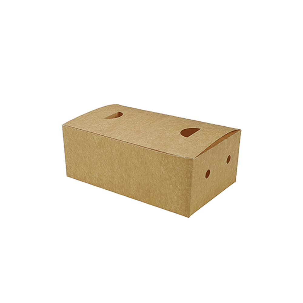 A brown cardboard snack box with air-vented holes on the lid.