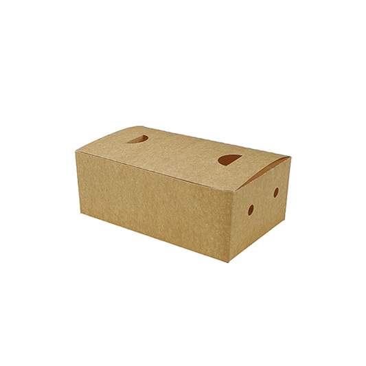 A brown cardboard snack box with air-vented holes on the lid.