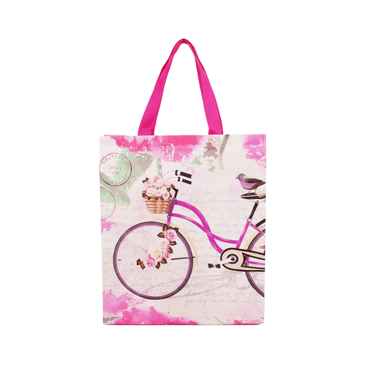 Large PP Printed Purple Bicycle & Rose Non-Woven Bag - Pack of 10 - TEM IMPORTS™