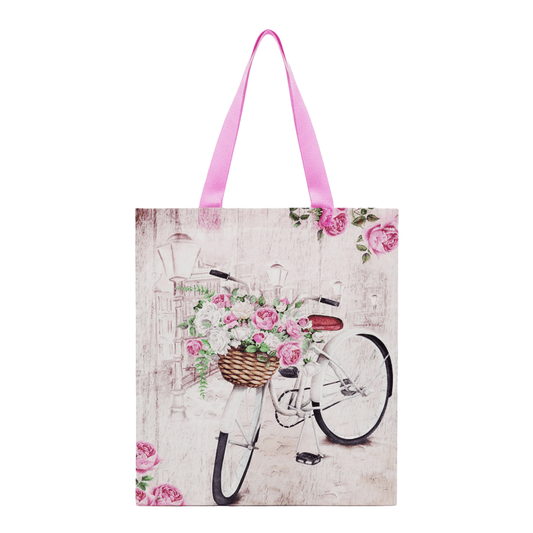 Large PP Printed White Bicycle & Rose Non-Woven Bag - Pack of 10 - TEM IMPORTS™