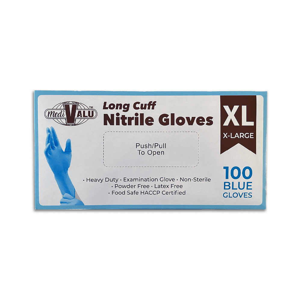 Long Cuff Blue Nitrile Gloves Powder Free - Extra Large - TEM IMPORTS™