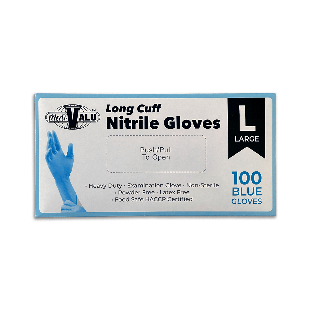 Long Cuff Blue Nitrile Gloves Powder Free - Large - TEM IMPORTS™