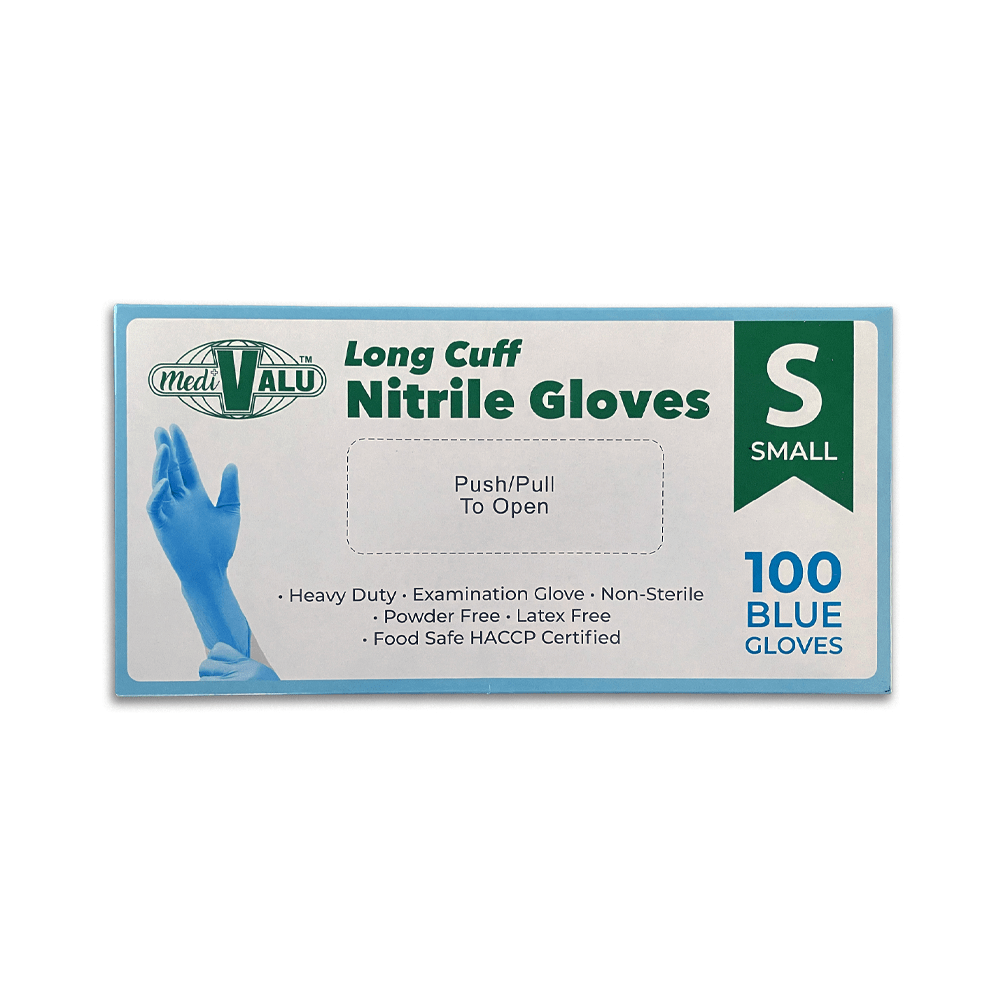 Long Cuff Blue Nitrile Gloves Powder Free - Small - TEM IMPORTS™