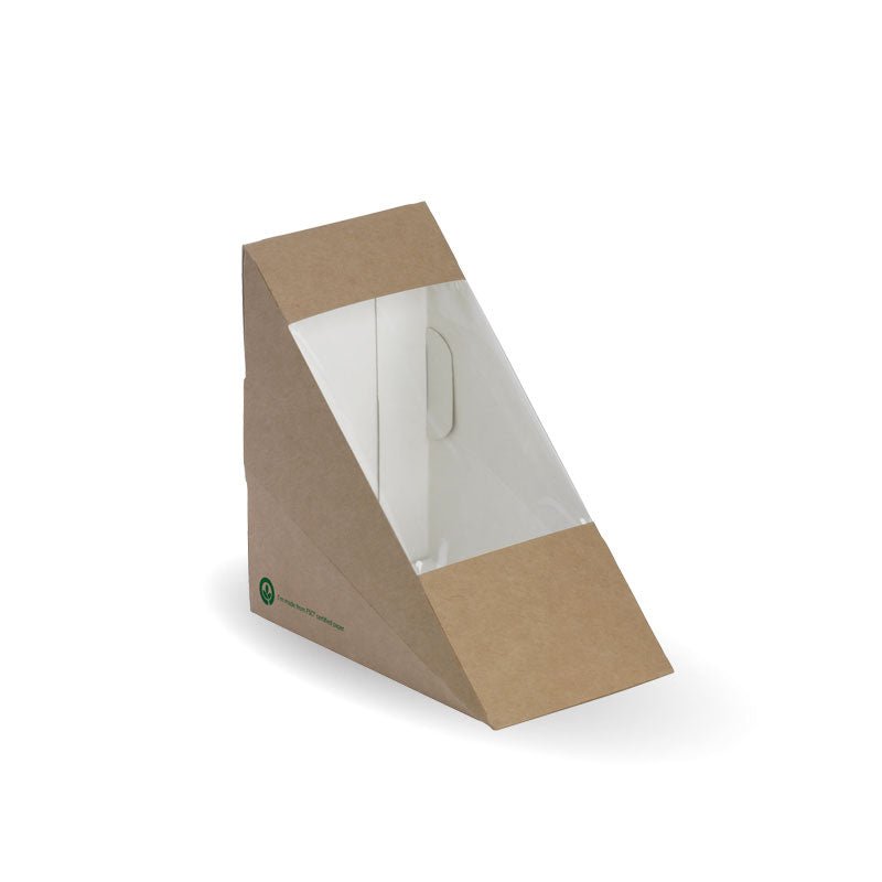 A brown kraft-look paperboard sandwich wedge with a clear window for displaying the sandwich, set against a white background.