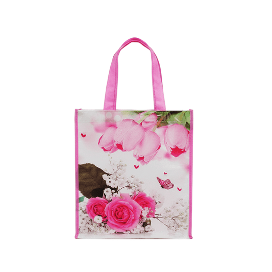 Medium PP Printed Pink Tulips Non - Woven Bag - Pack of 10 - TEM IMPORTS™