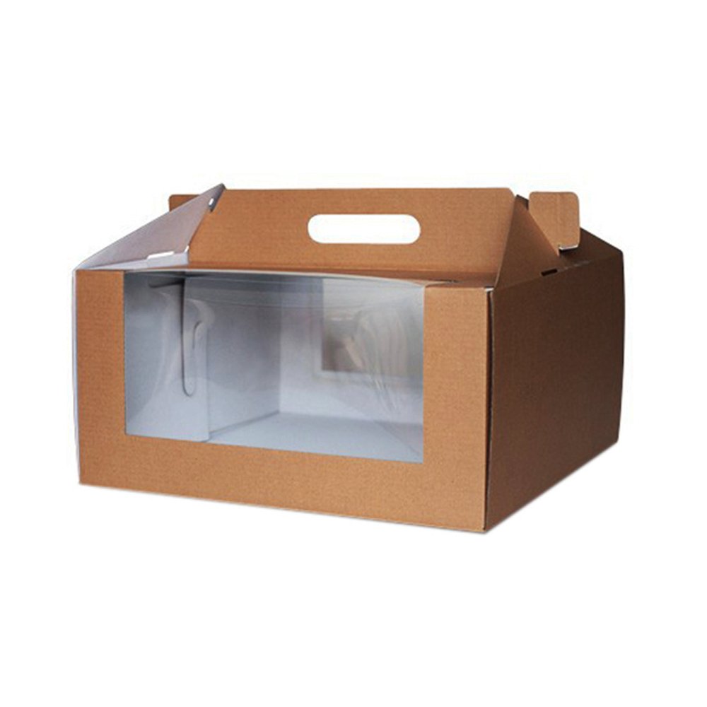 A corrugated cardboard cake box with a clear front window, designed for food delivery and packaging.