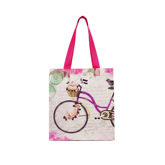 Small PP Printed Purple Bicycle & Rose Non - Woven Bag - Pack of 10 - TEM IMPORTS™