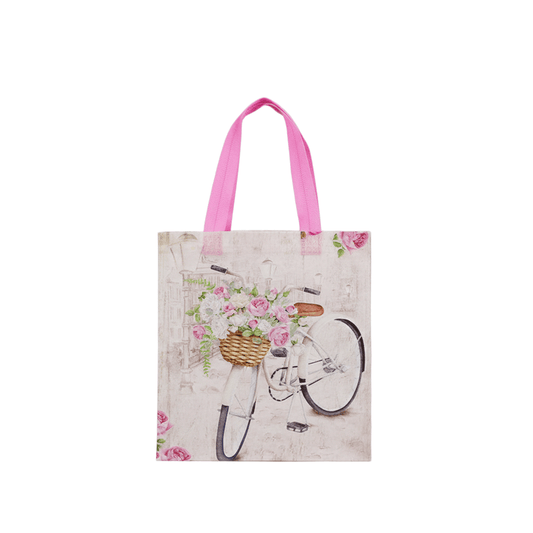 Small PP Printed White Bicycle & Rose Non - Woven Bag - Pack of 10 - TEM IMPORTS™