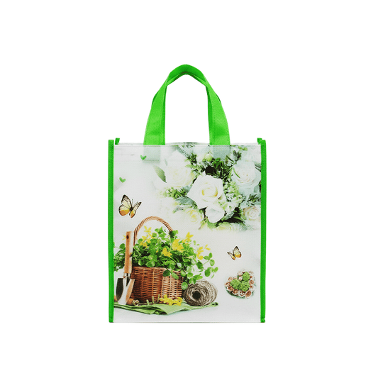 Small PP Printed White Rose & Basket Non - Woven Bag - Pack of 10 - TEM IMPORTS™