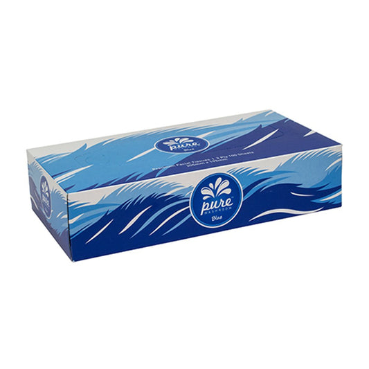 A box of Pure Premium 100 white facial tissues with blue and black wave design on the packaging.