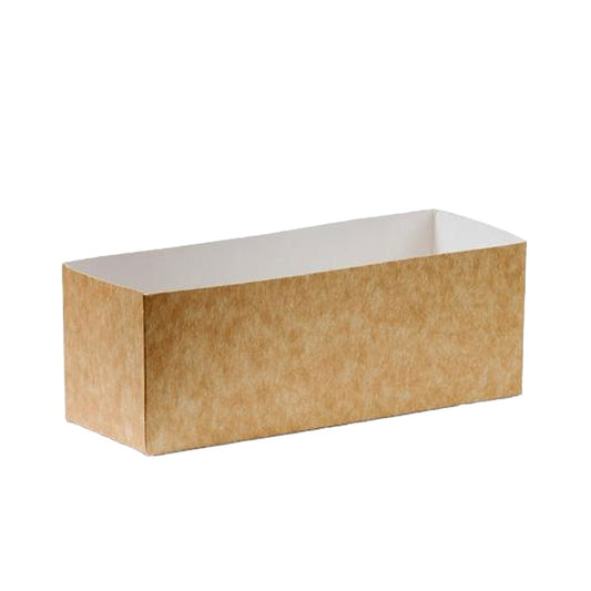 A rectangular cardboard burger holder with a kraft color.