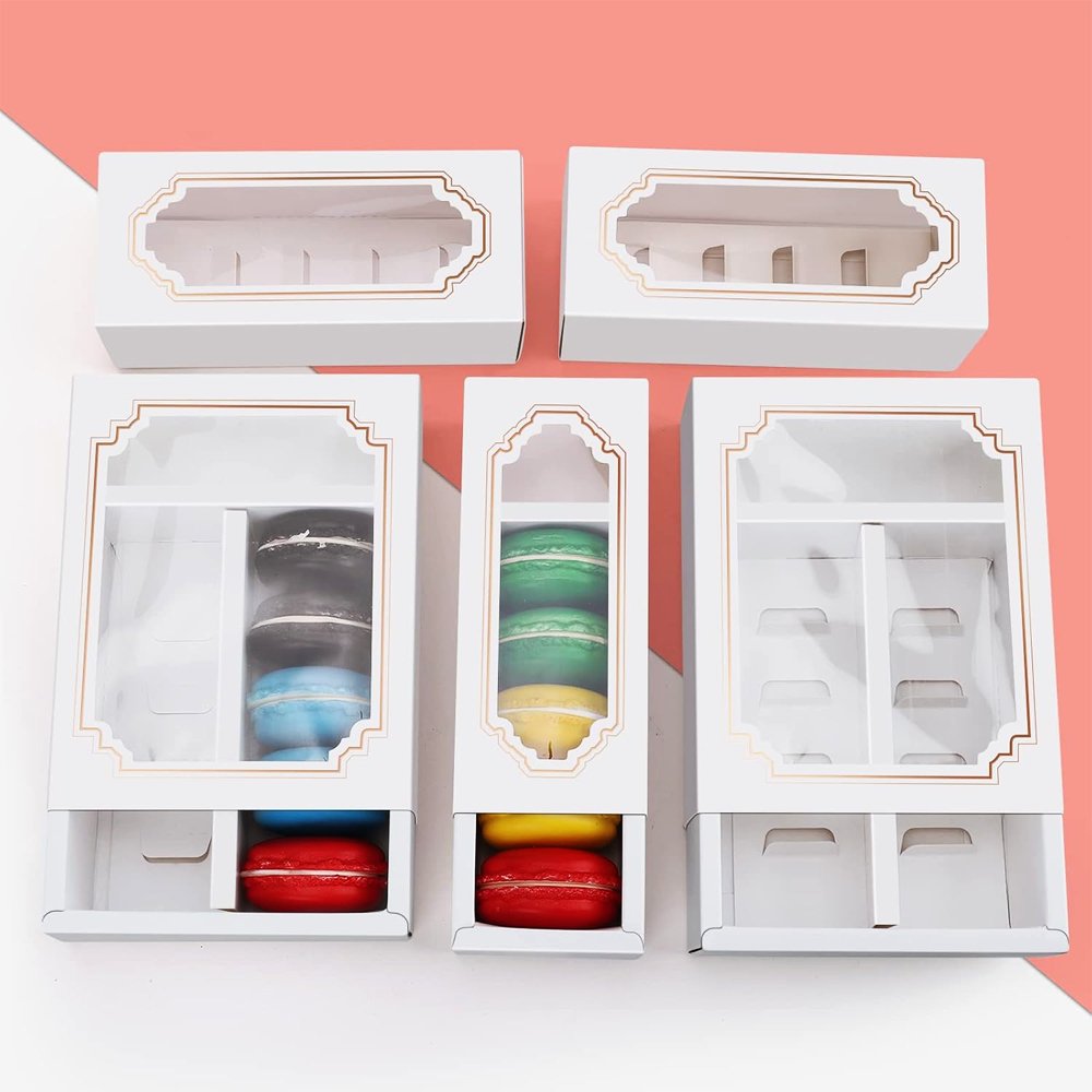 10 Macaron White & Gold Frame Paper Box With Window - TEM IMPORTS™