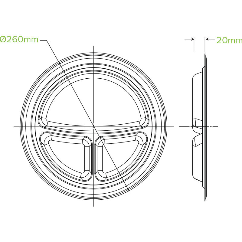 10"/250mm 3 Compartment Round Plant Fibre Plate - 500pcs/Ctn - TEM IMPORTS™
