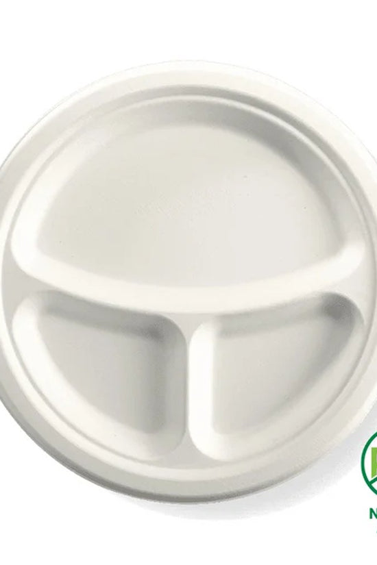 10"/250mm 3 Compartment Round Plant Fibre Plate - 500pcs/Ctn - TEM IMPORTS™