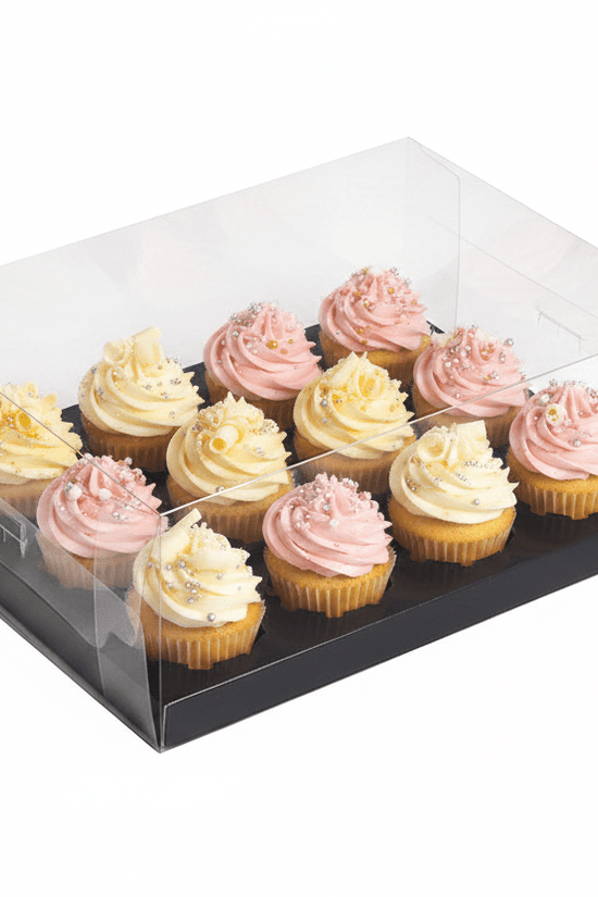 12 Cupcake Clear Box With Black Paper Tray - Pack of 5 - TEM IMPORTS™