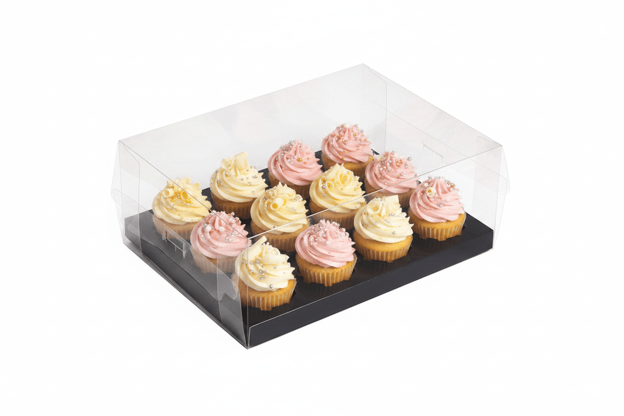 12 Cupcake Clear Box With Black Paper Tray - Pack of 5 - TEM IMPORTS™