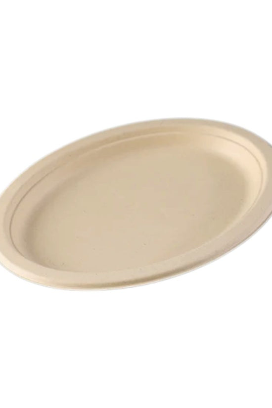An oval-shaped natural brown sugarcane plate