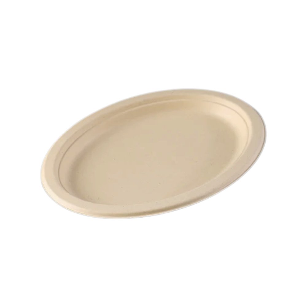 An oval-shaped natural brown sugarcane plate