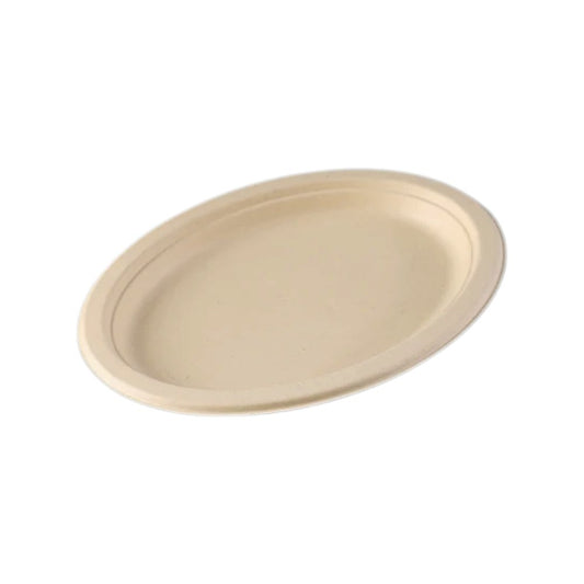 An oval-shaped natural brown sugarcane plate