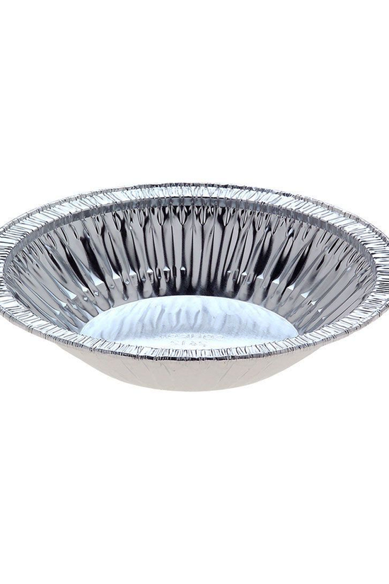 A single round aluminum foil pie tin with a fluted rim, shown on a plain white background.