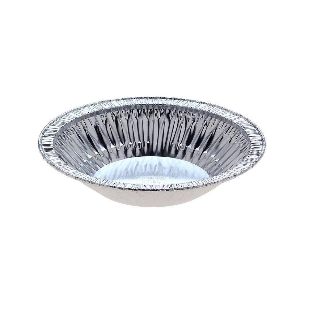 A single round aluminum foil pie tin with a fluted rim, shown on a plain white background.