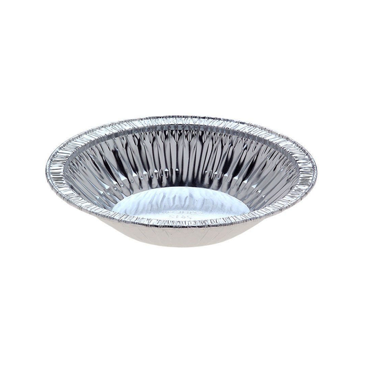 A single round aluminum foil pie tin with a fluted rim, shown on a plain white background.
