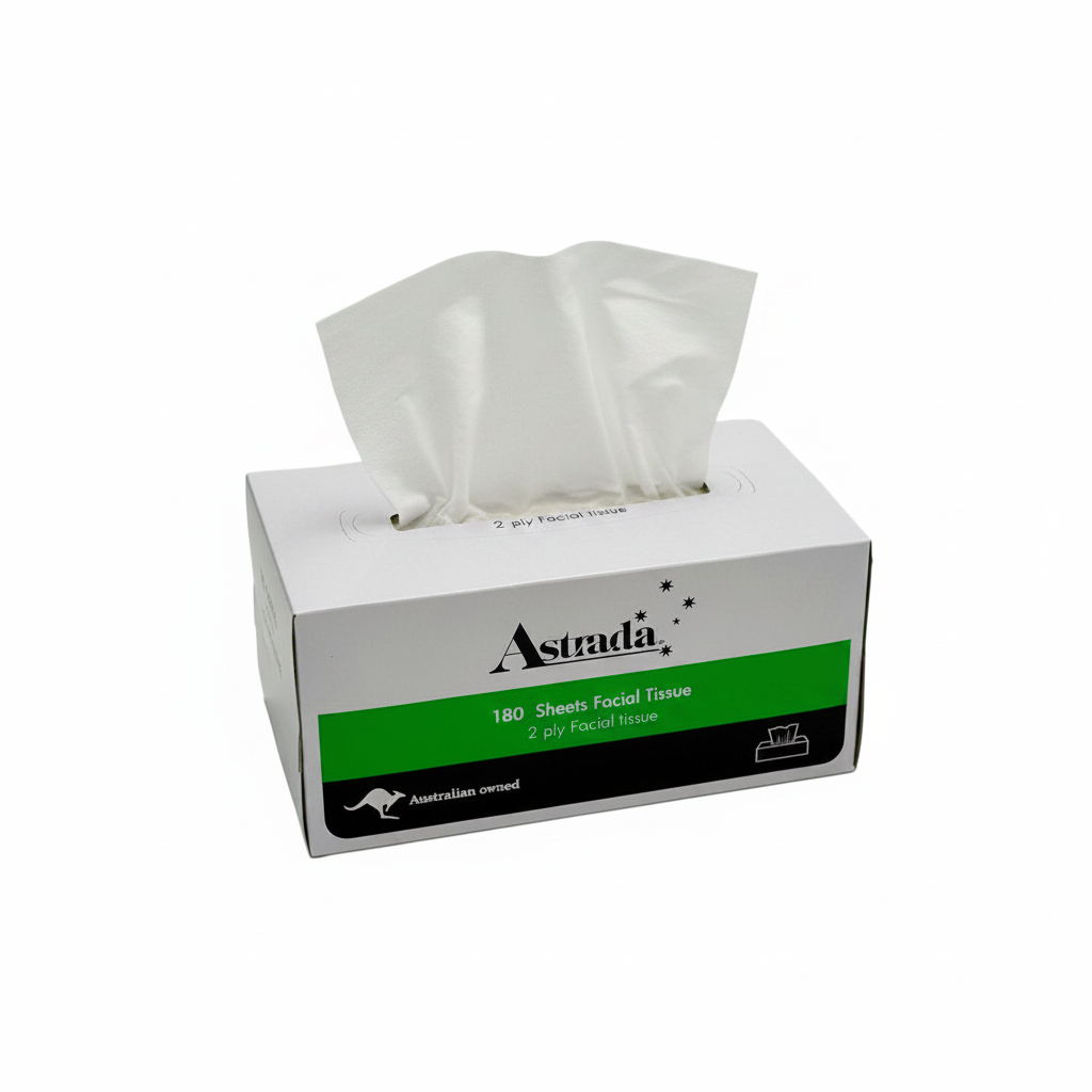 A white box of Astrada 180 Sheets Facial Tissue on a plain white background.