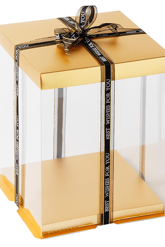 26x26x32 Clear Square Cake Box Gold With Paper Lid - TEM IMPORTS™