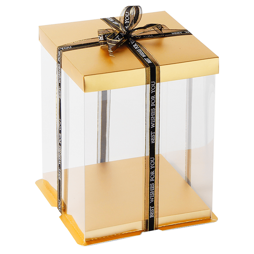 26x26x32 Clear Square Cake Box Gold With Paper Lid - TEM IMPORTS™