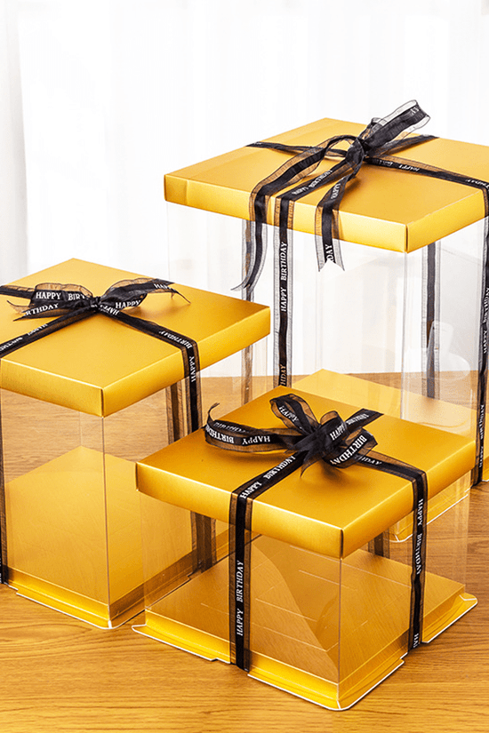 26x26x32 Clear Square Cake Box Gold With Paper Lid - TEM IMPORTS™