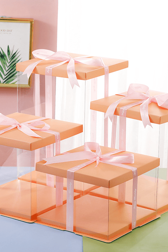 26x26x32 Clear Square Cake Box Peach With Paper Lid - TEM IMPORTS™